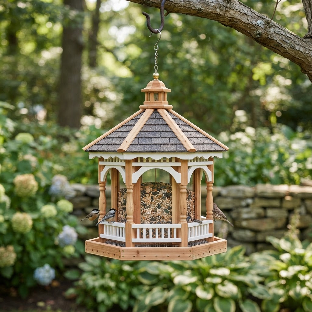 Hexagonal Hanging Gazebo Feeder with Shingled Roof