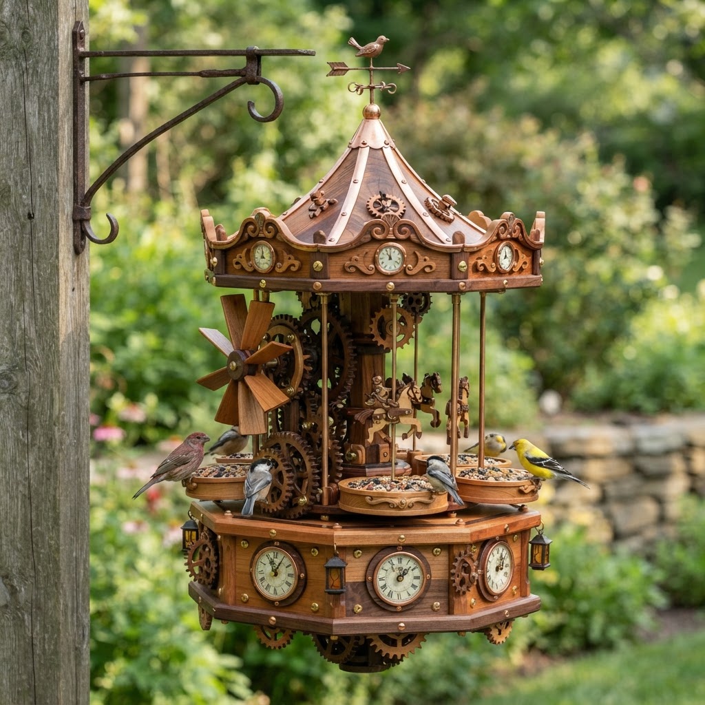 Clockwork Gear-Driven Carousel Bird Feeder