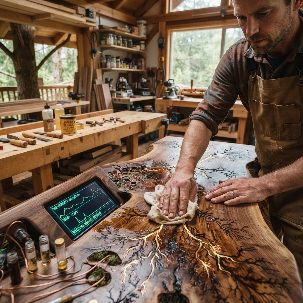 Bespoke Treetop Dendritic Mycelium-Infused Phyto-Ionic Sap-Density Observatory Desk — step 4