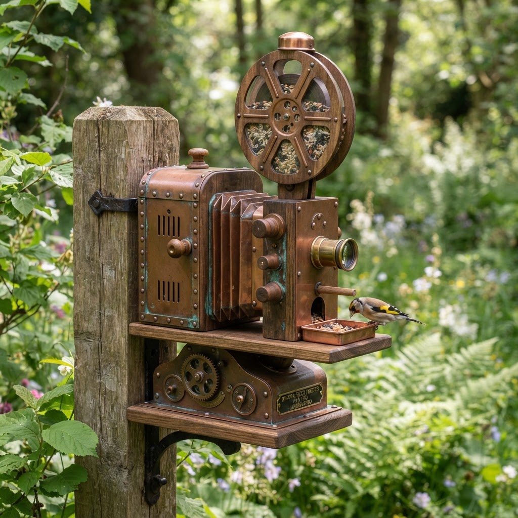 Vintage Patinated Copper Accordion Film Projector Seed Feeder