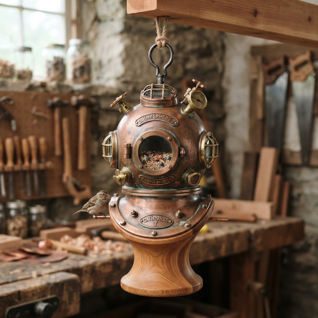Vintage Patinated Copper Diving Helmet Seed Bathysphere