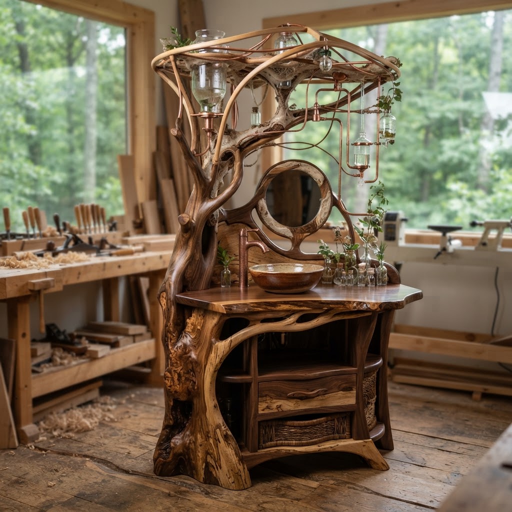 Bespoke Treetop Dendritic Mycelium-Infused Phyto-Sonic Sap-Gradient Canopy Dew-Collector Vanity
