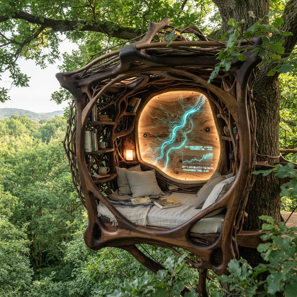 Bespoke Treetop Dendritic Mycelium-Infused Phyto-Tidal Sap-Flow Canopy Velocity-Mapping Reading Nook