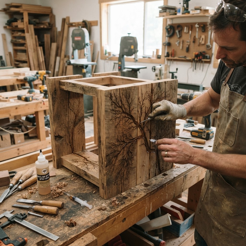 Bespoke Treetop Dendritic Mycelium-Infused Phyto-Cyclic Sap-Flow Canopy Aurora-Projector Bedside Credenza — step 1