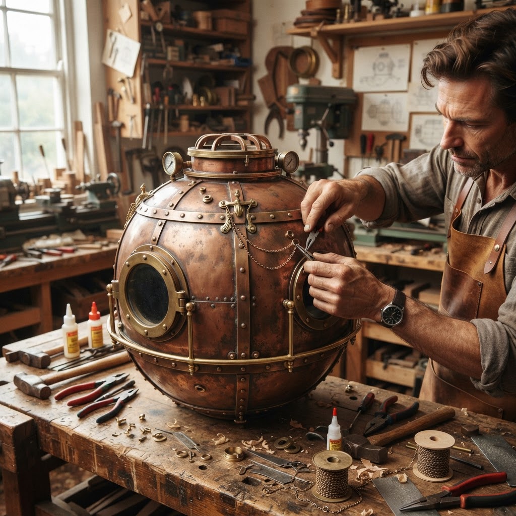 Vintage Patinated Copper Victorian Diving Bell Seed Submersible — step 3