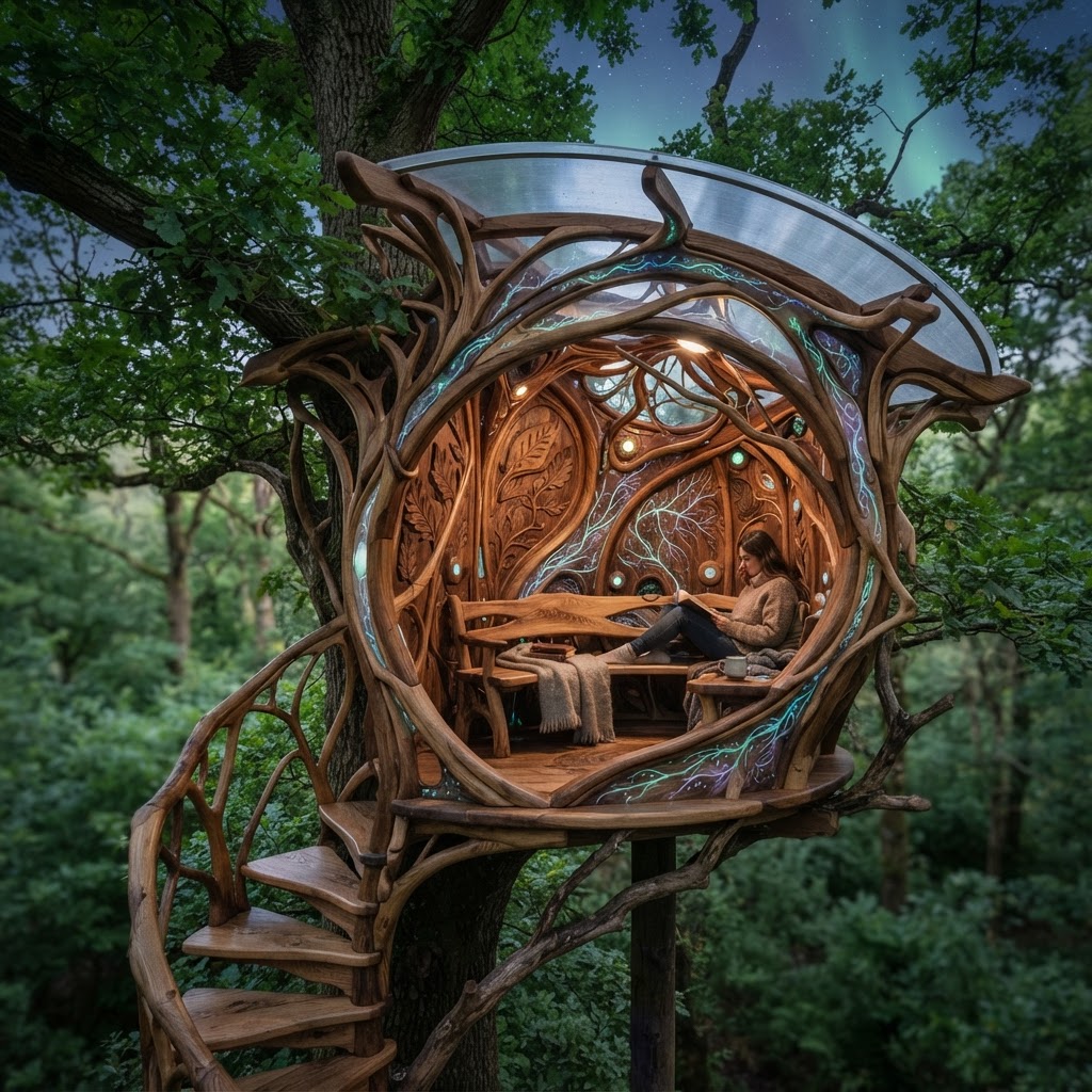 Bespoke Treetop Dendritic Mycelium-Infused Phyto-Cyclic Sap-Flow Canopy Aurora-Mapping Reading Nook