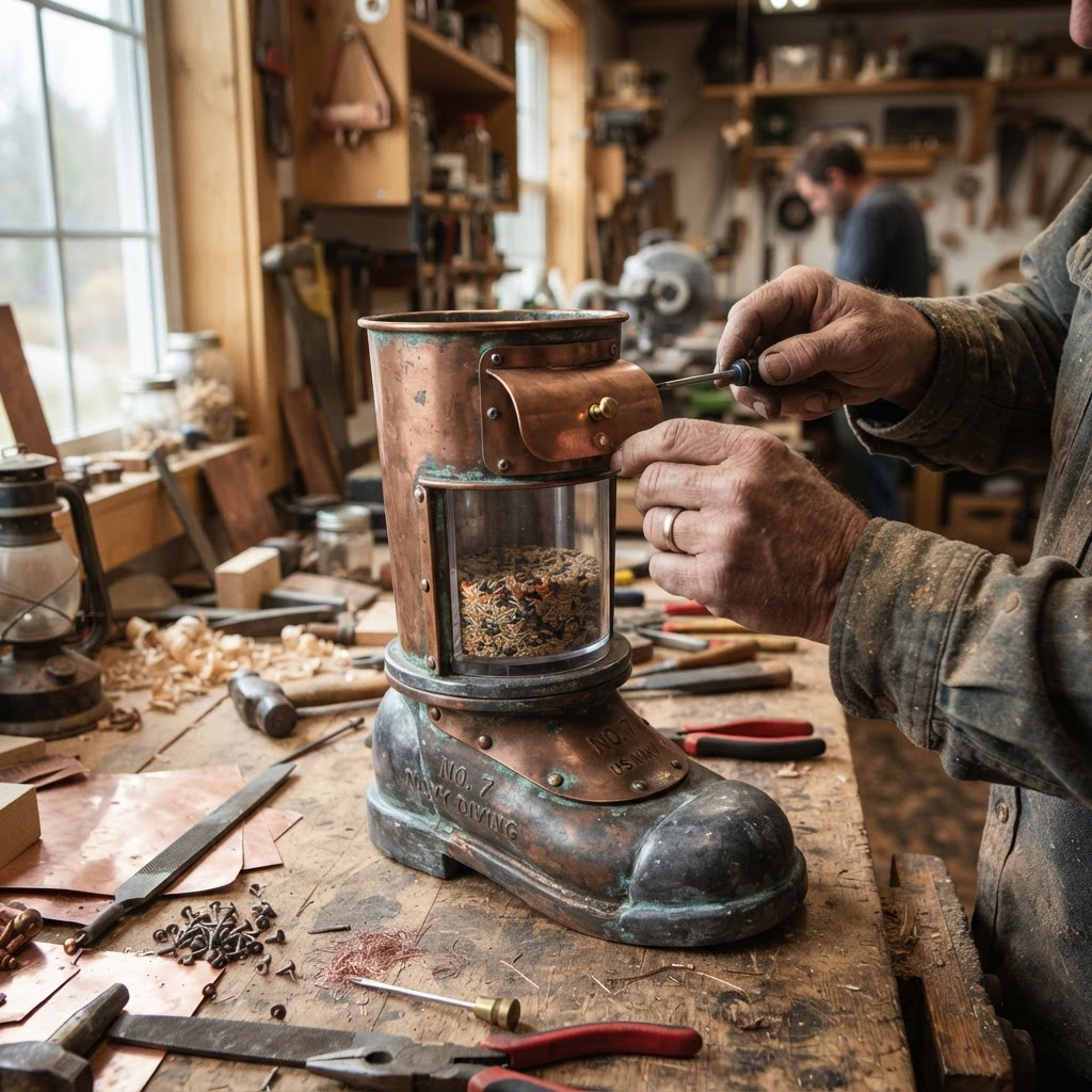 Vintage Patinated Copper Diving Suit Weighted Lead-Boot Seed Perch — step 3