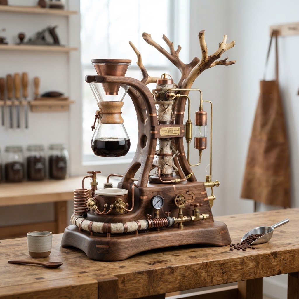 Bespoke Treetop Dendritic Mycelium-Infused Phyto-Kinetic Sap-Vibration Canopy Coffee Press