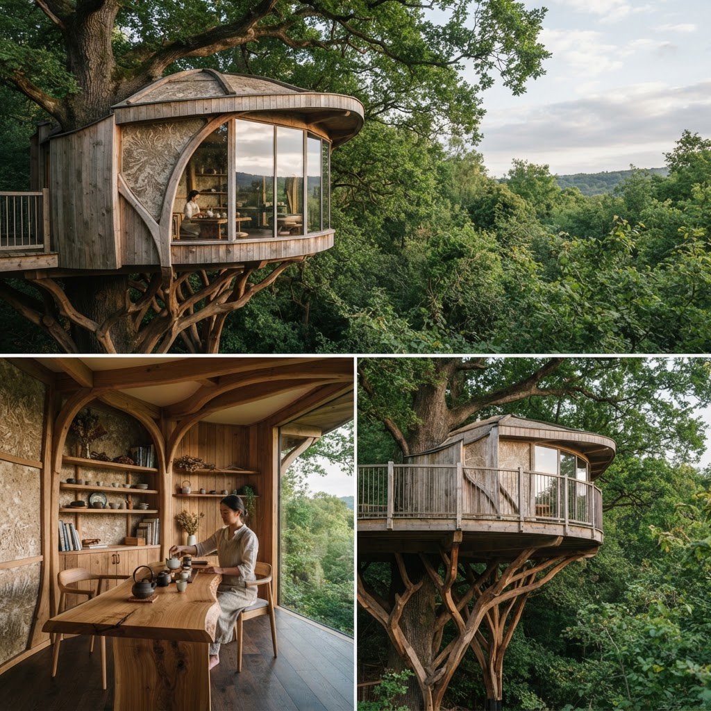 Bespoke Treetop Dendritic Mycelium-Infused Hygroscopic Humidity-Regulating Tea Lounge