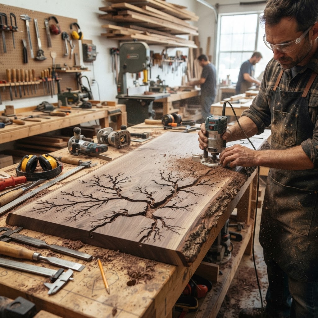 Bespoke Treetop Dendritic Mycelium-Infused Phyto-Fluorescent Sap-Flow Canopy Ink-Well Writing Desk — step 1