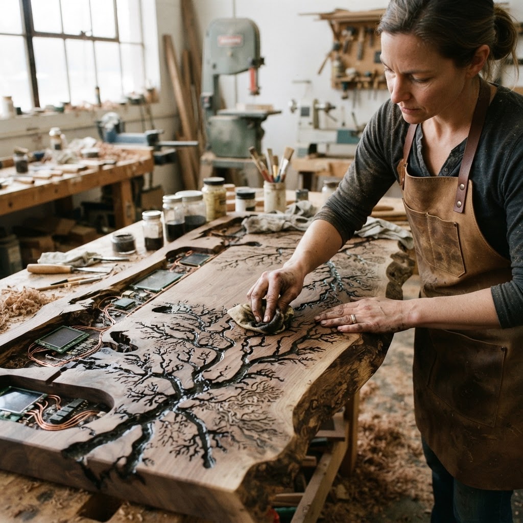Bespoke Treetop Dendritic Mycelium-Infused Phyto-Kinetic Sap-Flow Canopy Storm-Tracking Writing Desk — step 4