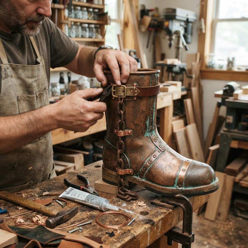 Vintage Patinated Copper Diving Suit Weighted Boot Seed Perch — step 4