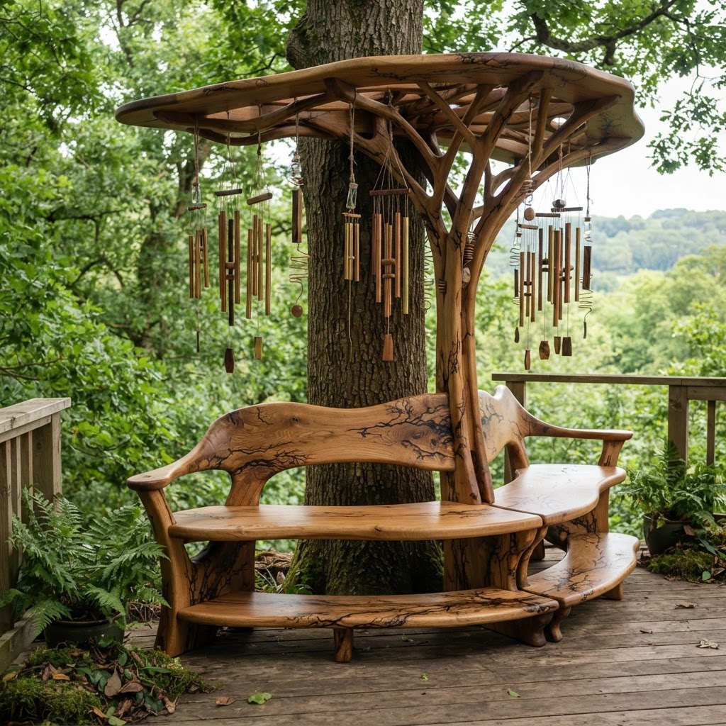 Bespoke Treetop Dendritic Mycelium-Infused Phyto-Kinetic Canopy Sap-Flow Zephyr-Chime Bench