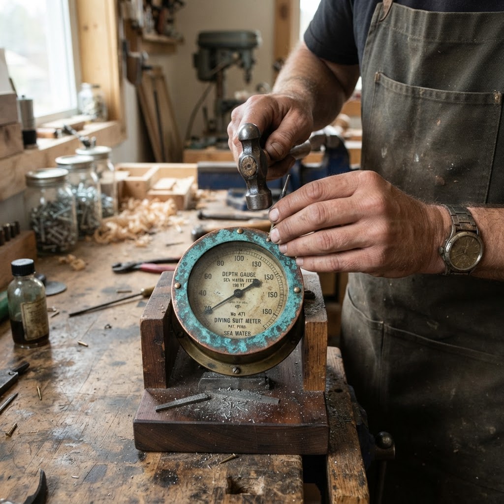 Vintage Patinated Copper Diving Suit Depth Gauge Seed Pressure Meter — step 2
