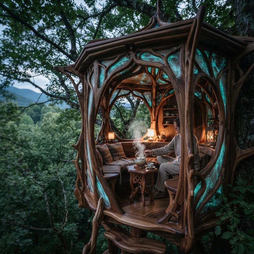 Bespoke Treetop Dendritic Mycelium-Infused Phyto-Luminescent Canopy Tea-Steeping Nook