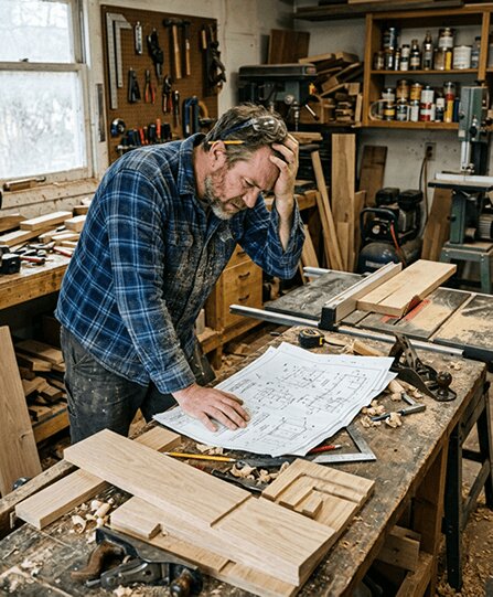 Frustrated woodworker with confusing plans