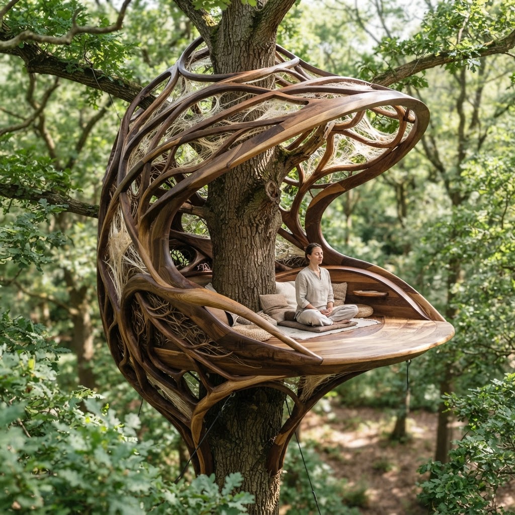 Bespoke Treetop Dendritic Mycelium-Infused Phyto-Fractal Sap-Flow Canopy Echo-Tracing Meditation Plinth