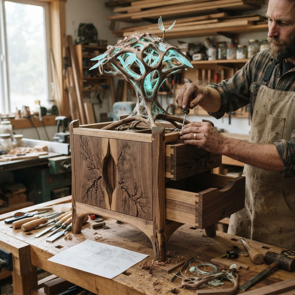 Bespoke Treetop Dendritic Mycelium-Infused Phyto-Luminous Sap-Flow Canopy Aurora-Vane Bedside Commode — step 3