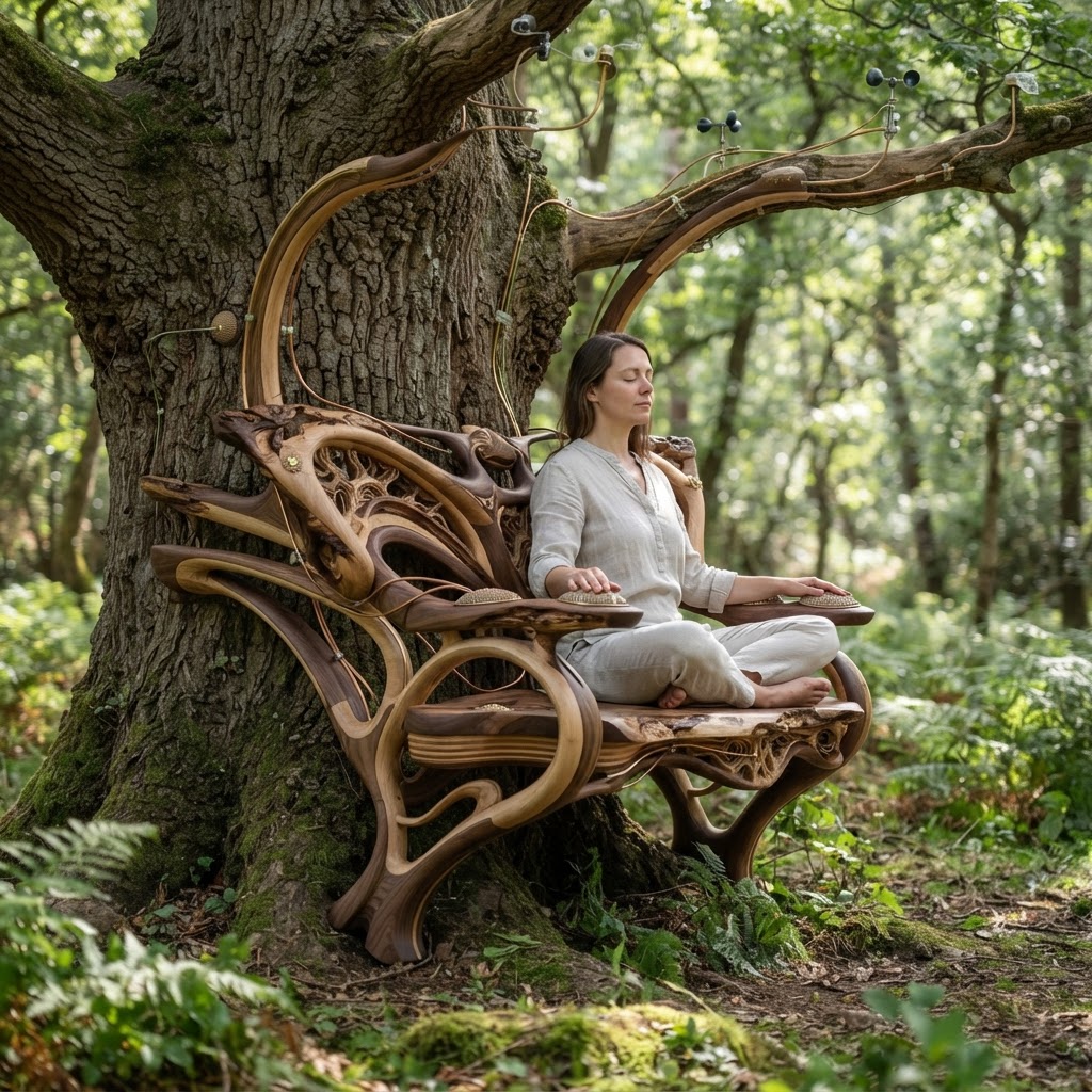 Bespoke Treetop Dendritic Mycelium-Infused Phyto-Pneumatic Sap-Flow Canopy Wind-Mapping Meditation Bench