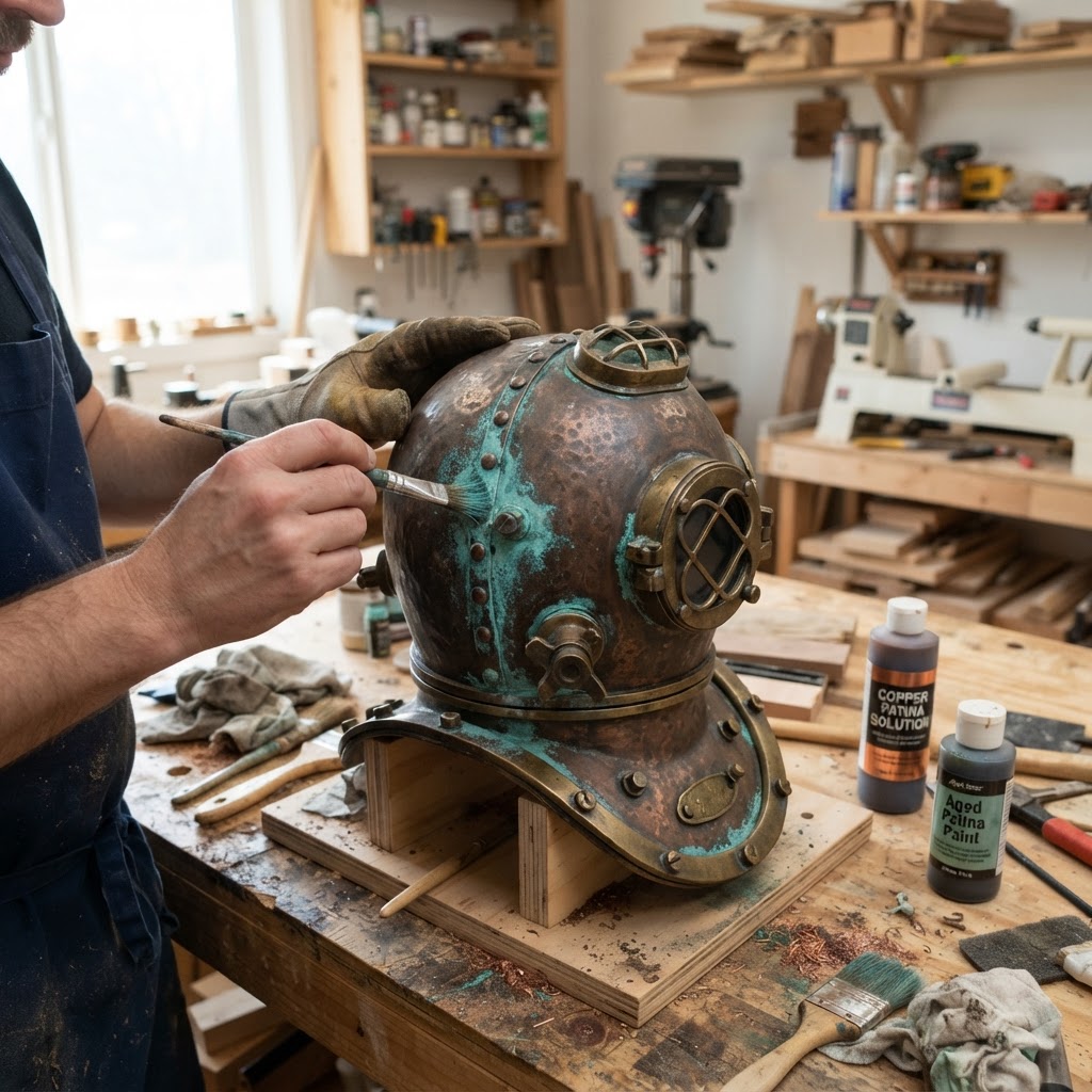 Vintage Patinated Copper Diving Suit Helmet Bird Feeder — step 2