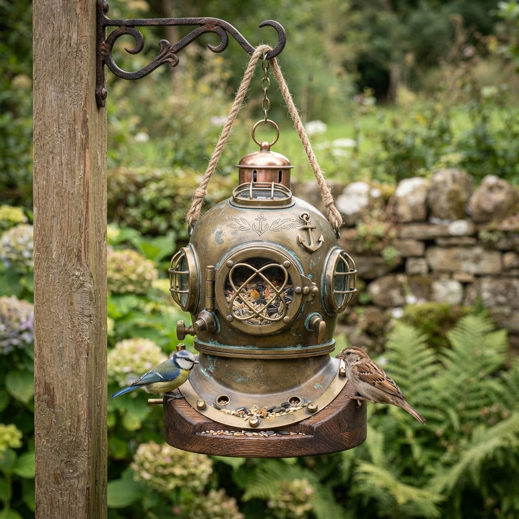 Vintage Brass Ornate Diving Helmet Lantern Bird Feeder