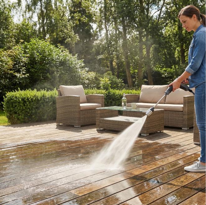 Woman pressure washing a wooden deck