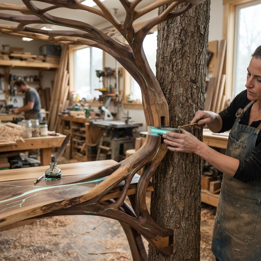 Bespoke Treetop Dendritic Mycelium-Infused Phyto-Glow Sap-Flow Canopy Inkwell Desk — step 4