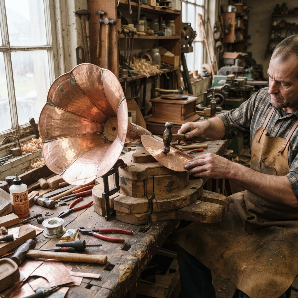 Vintage Patinated Copper Gramophone Seed Horn — step 2
