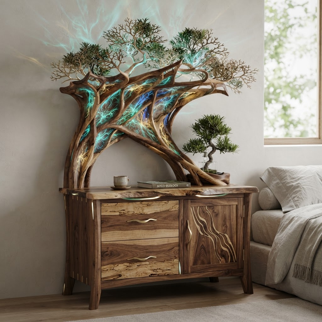 Bespoke Treetop Dendritic Mycelium-Infused Phyto-Cyclic Sap-Flow Canopy Aurora-Projector Bedside Credenza