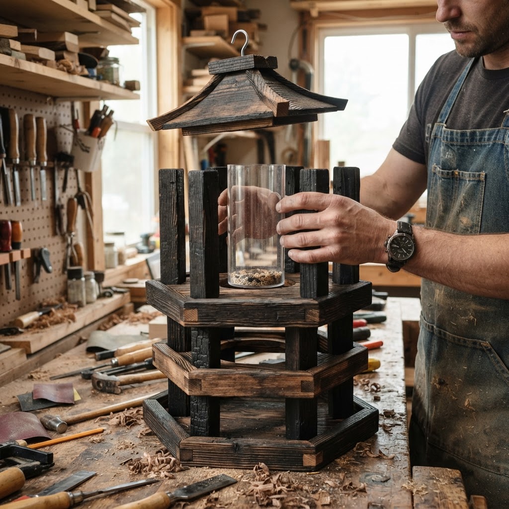 Wabi-Sabi Charred Shou Sugi Ban Pagoda Feeder — step 3