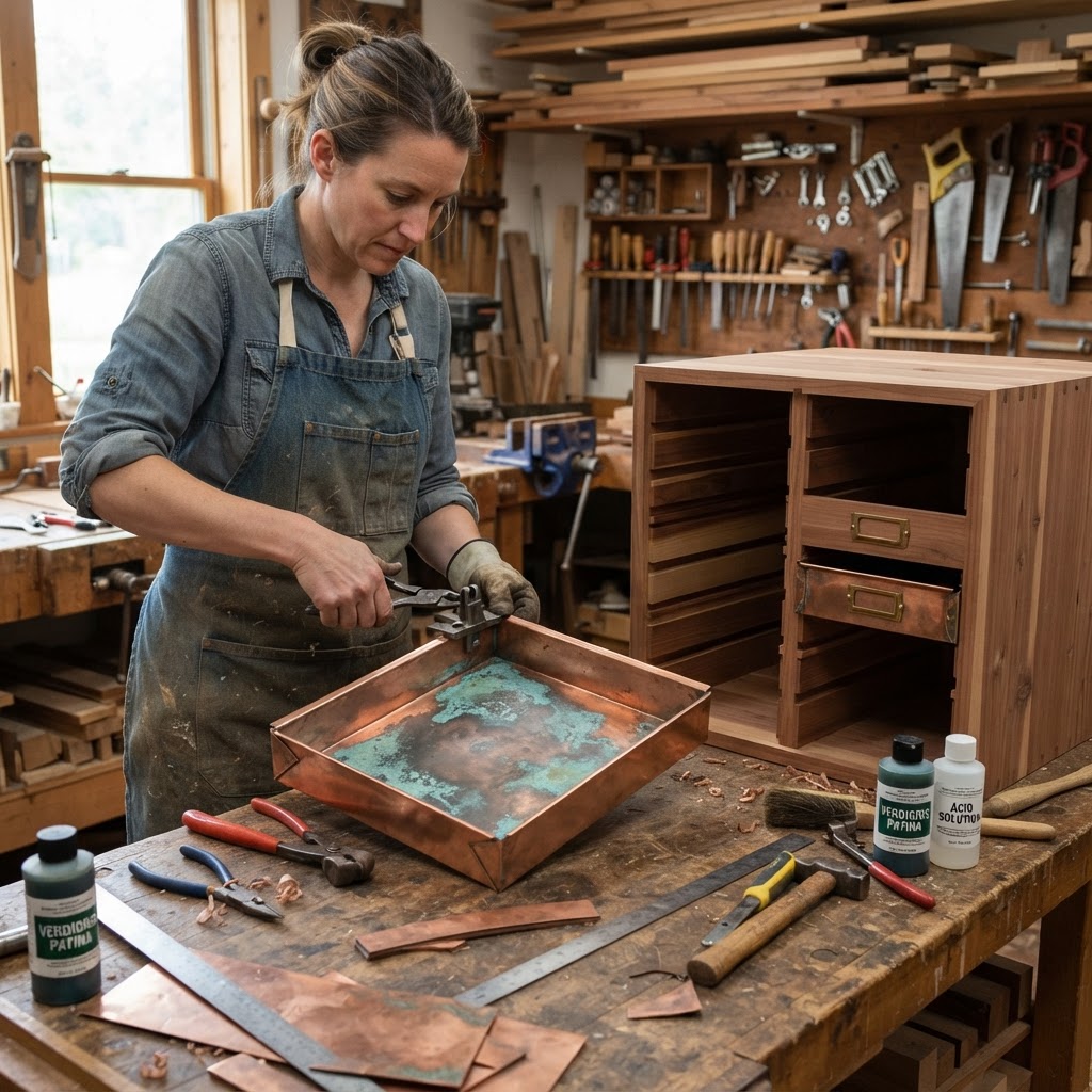 Vintage Patinated Copper Victorian Apothecary Seed Apothecary Cabinet — step 2