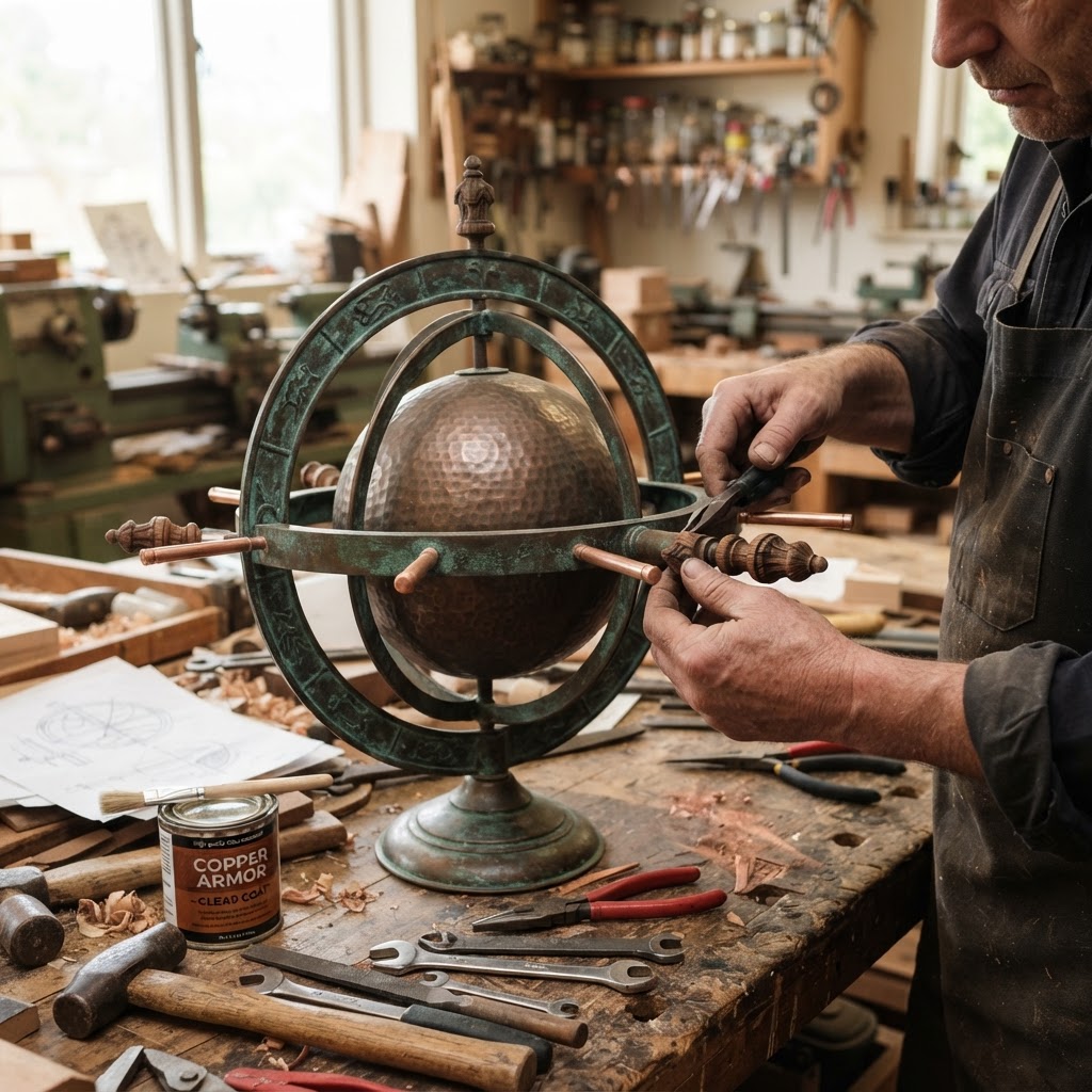 Vintage Patinated Copper Victorian Armillary Sphere Seed Globe — step 4