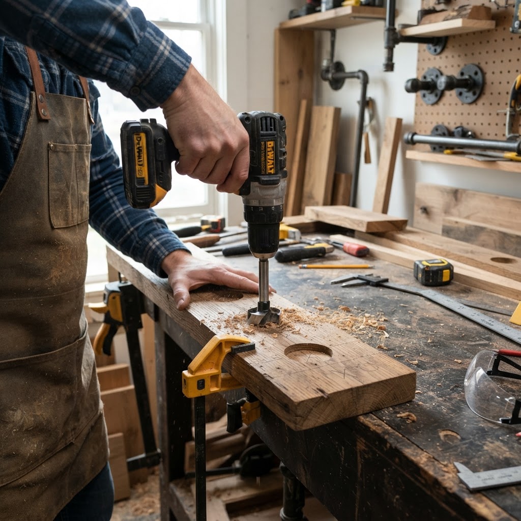 Industrial Pipe and Reclaimed Oak Floating Wine Rack — step 2