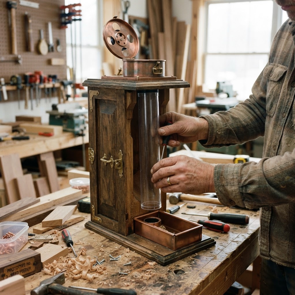 Vintage Patinated Copper Accordion Film Projector Seed Feeder — step 3