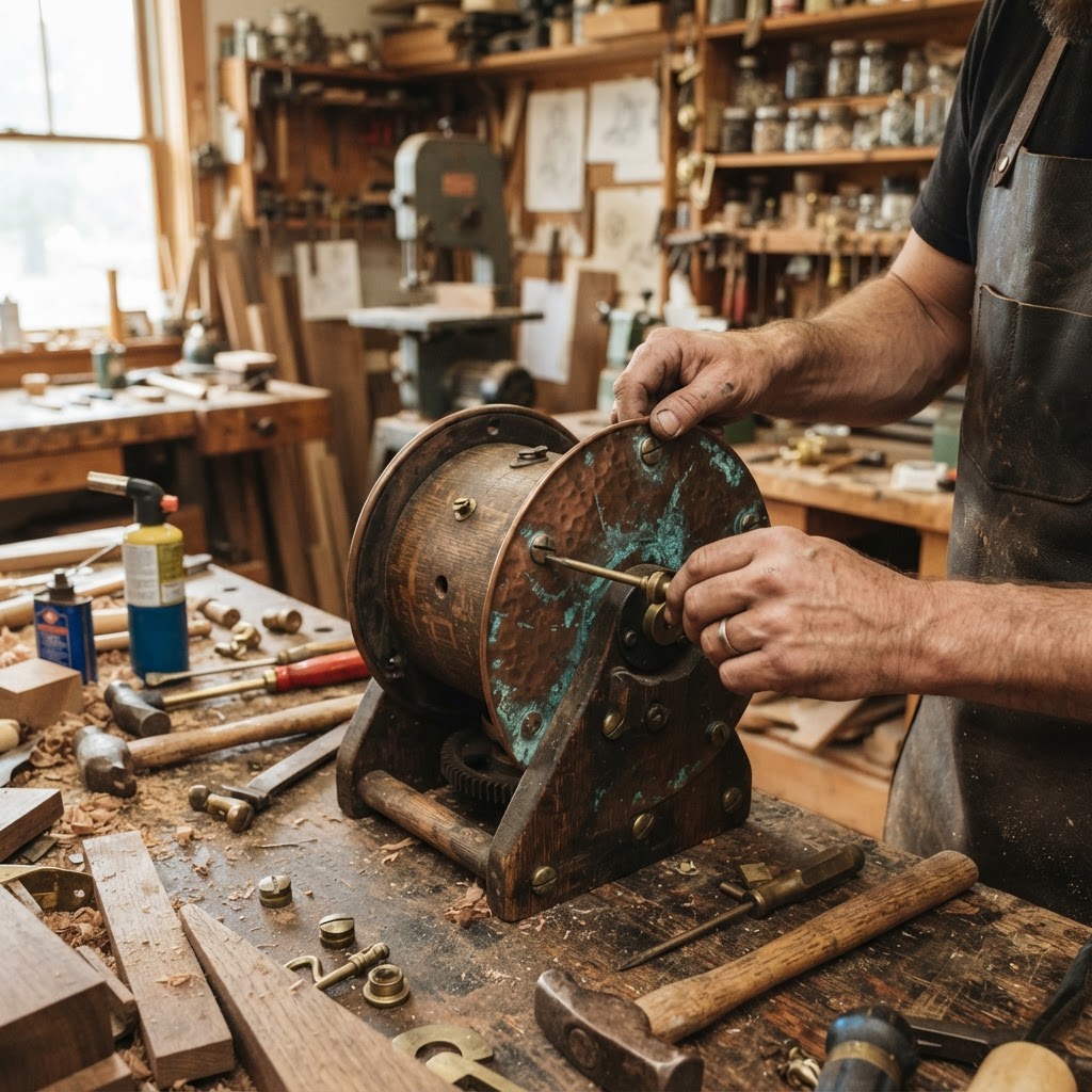 Vintage Patinated Copper Diving Suit Life-Line Seed Reel — step 2