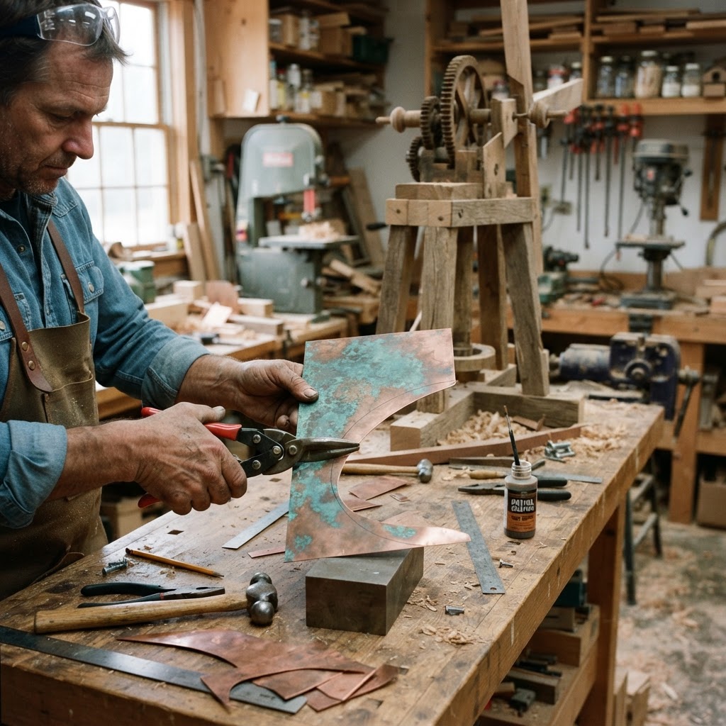 Vintage Patinated Copper Kinetic Windmill Seed Mill — step 2