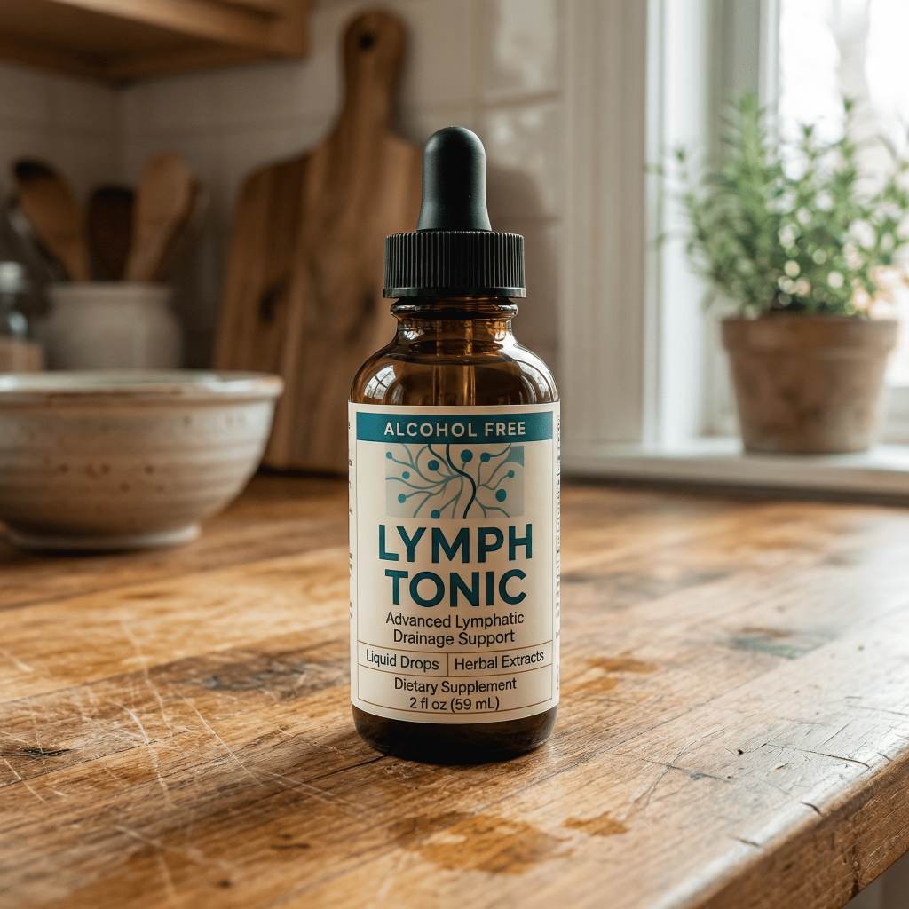 Lymph Tonic liquid drops on a rustic kitchen table