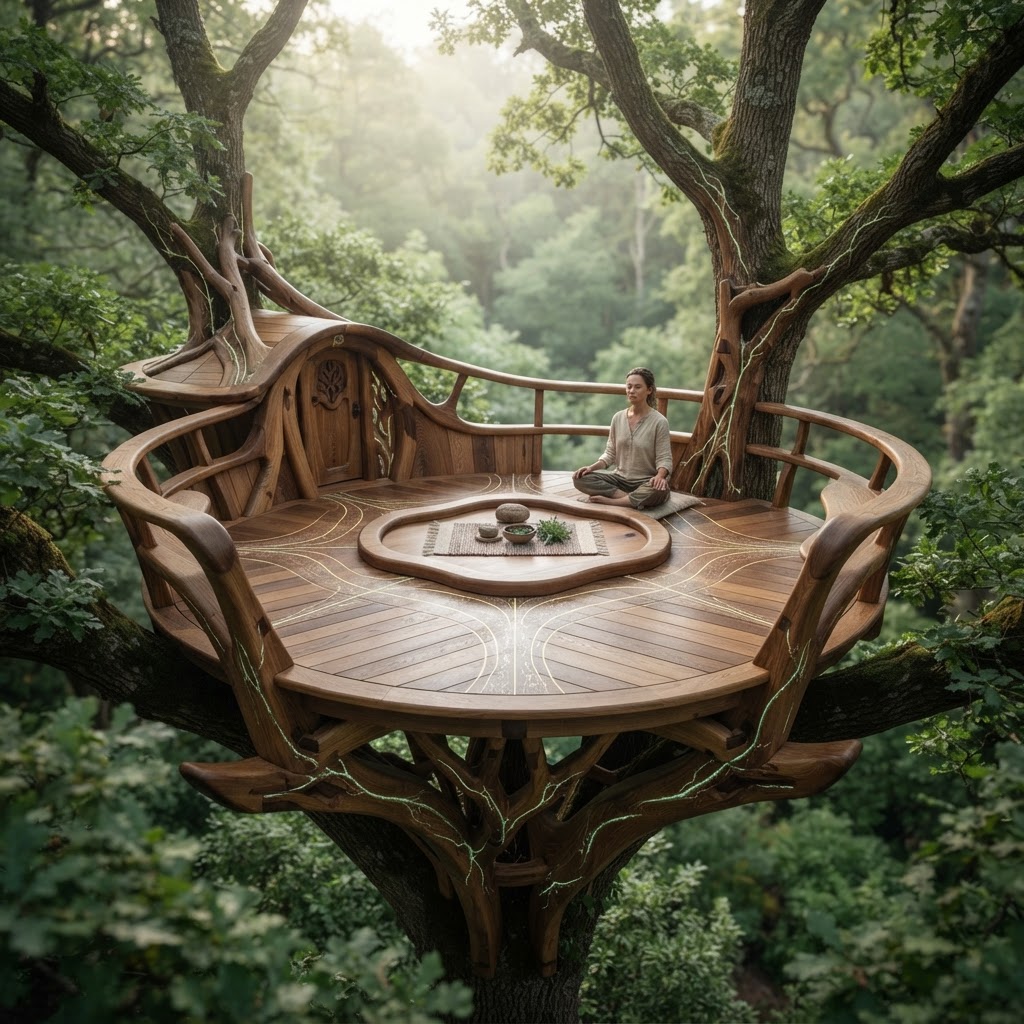 Bespoke Treetop Dendritic Mycelium-Infused Phyto-Tectonic Sap-Flow Canopy Meridian-Mapping Meditation Plinth