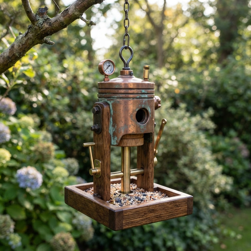 Vintage Patinated Copper Victorian Steam Engine Piston Seed Feeder