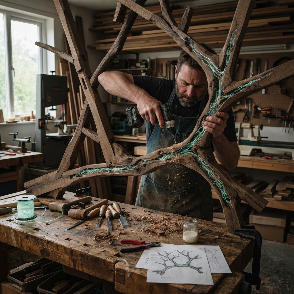 Bespoke Treetop Dendritic Mycelium-Infused Phyto-Refractive Sap-Flow Canopy Zephyr-Orrery Writing Bureau — step 1