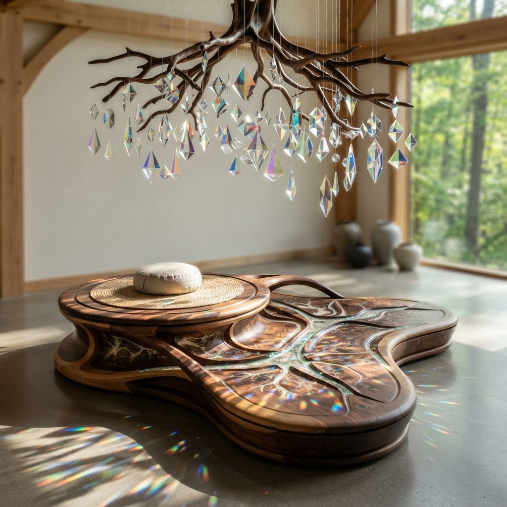 Bespoke Treetop Dendritic Mycelium-Infused Phyto-Refractive Sap-Flow Canopy Prism-Mapping Meditation Plinth