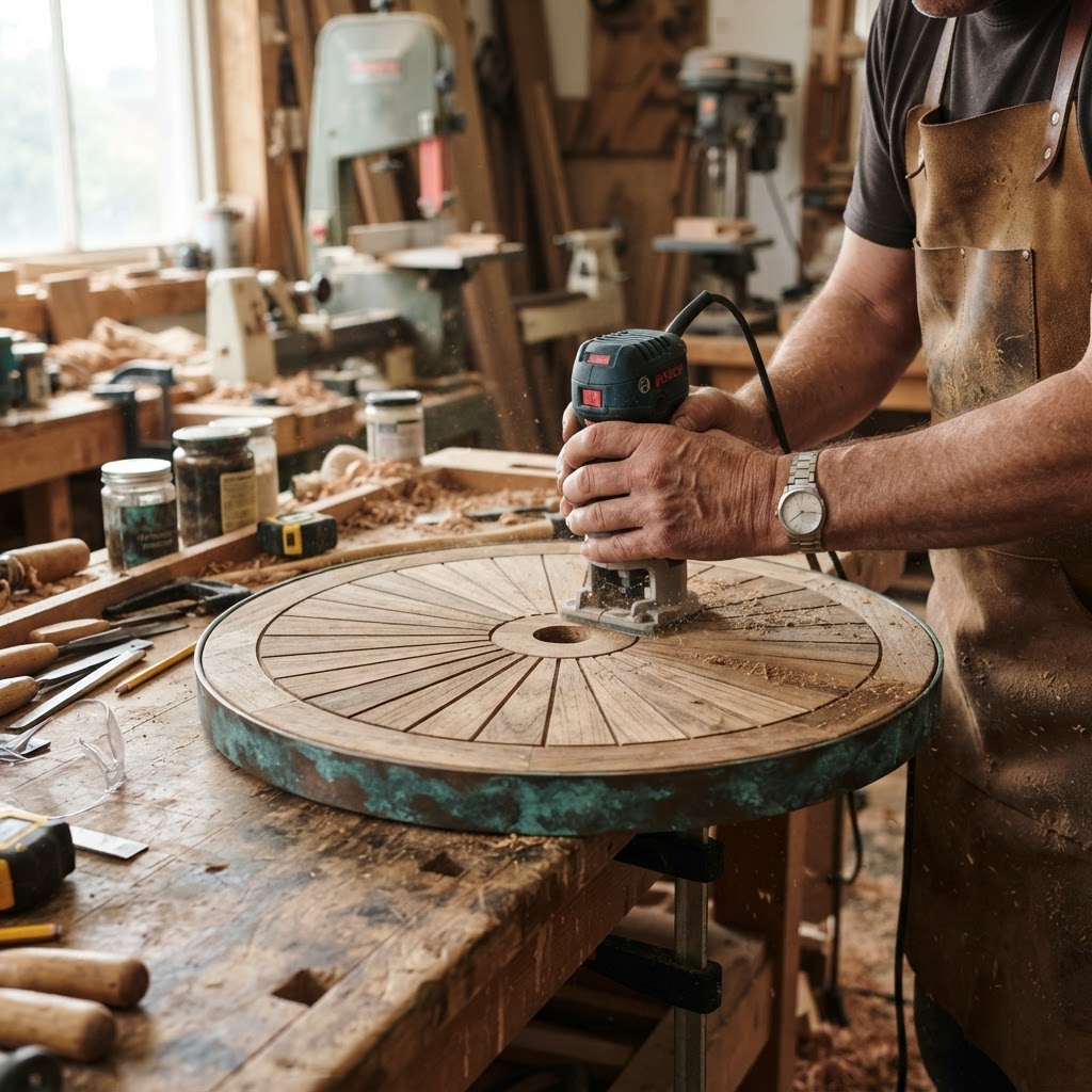 Vintage Patinated Copper Ship's Wheel Seed Spreader — step 3
