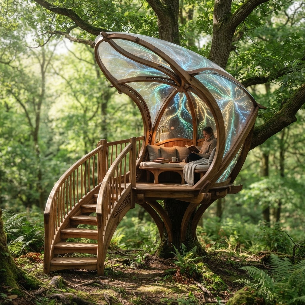 Bespoke Treetop Dendritic Mycelium-Infused Phyto-Ionic Sap-Flow Canopy Vapour-Mapping Reading Nook