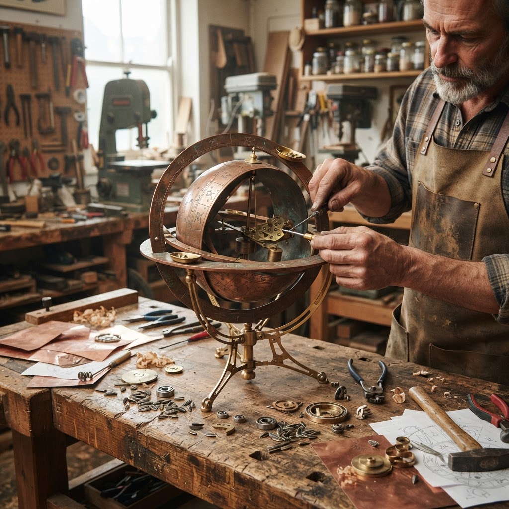 Vintage Patinated Copper Celestial Astrolabe Seed Orbital — step 3