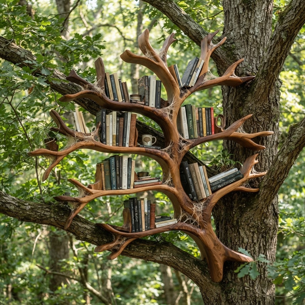 Bespoke Treetop Dendritic Mycelium-Infused Fractal Branch-Lock Bookshelf