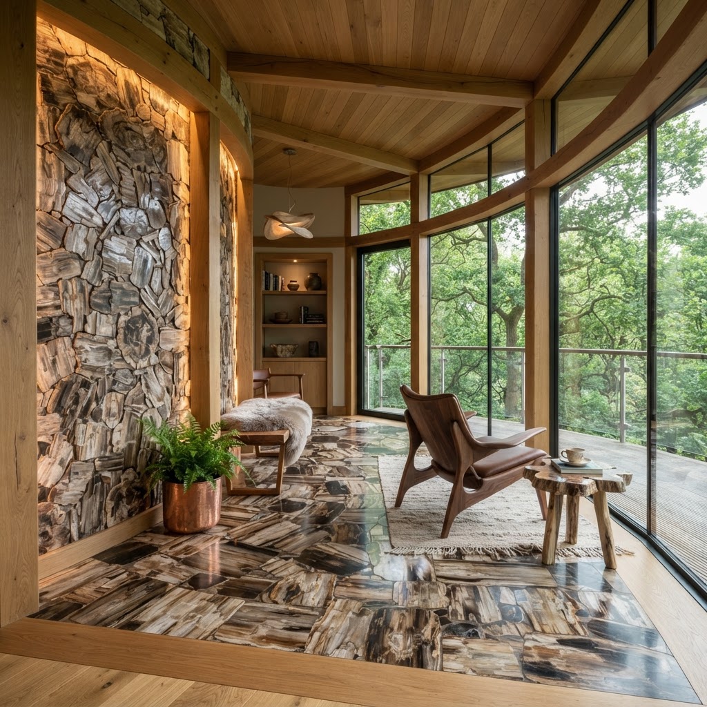 Bespoke Petrified-Wood Mosaic Treetop Sanctuary