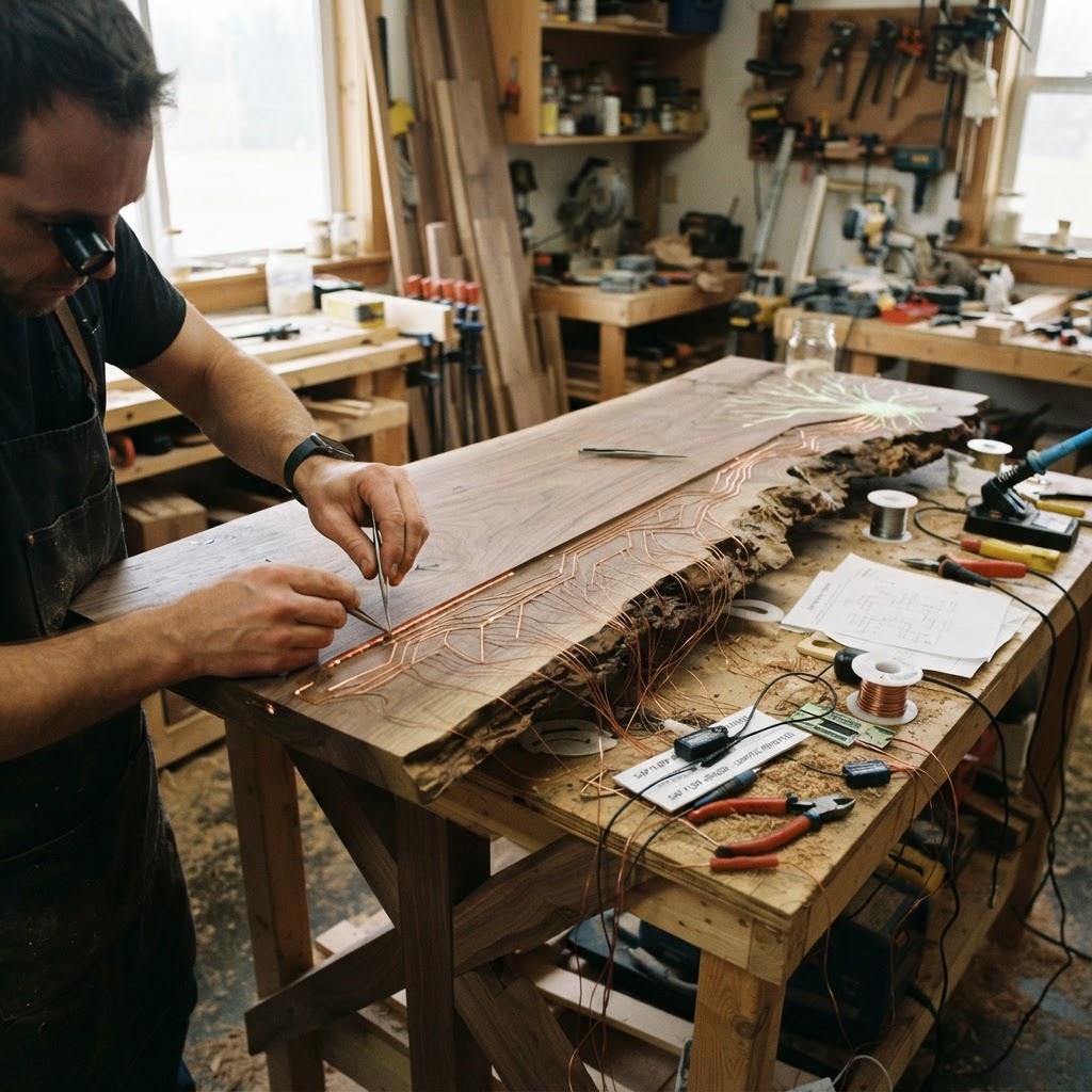Bespoke Treetop Dendritic Mycelium-Infused Phyto-Fluorescent Sap-Flow Canopy Ink-Well Writing Desk — step 3