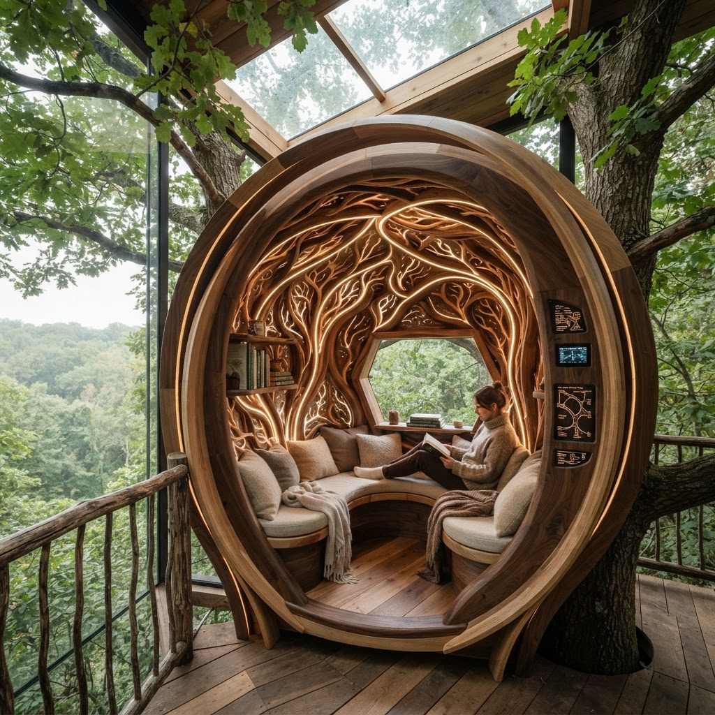 Bespoke Treetop Dendritic Mycelium-Infused Phyto-Vortex Sap-Flow Canopy Aurora-Mapping Reading Nook