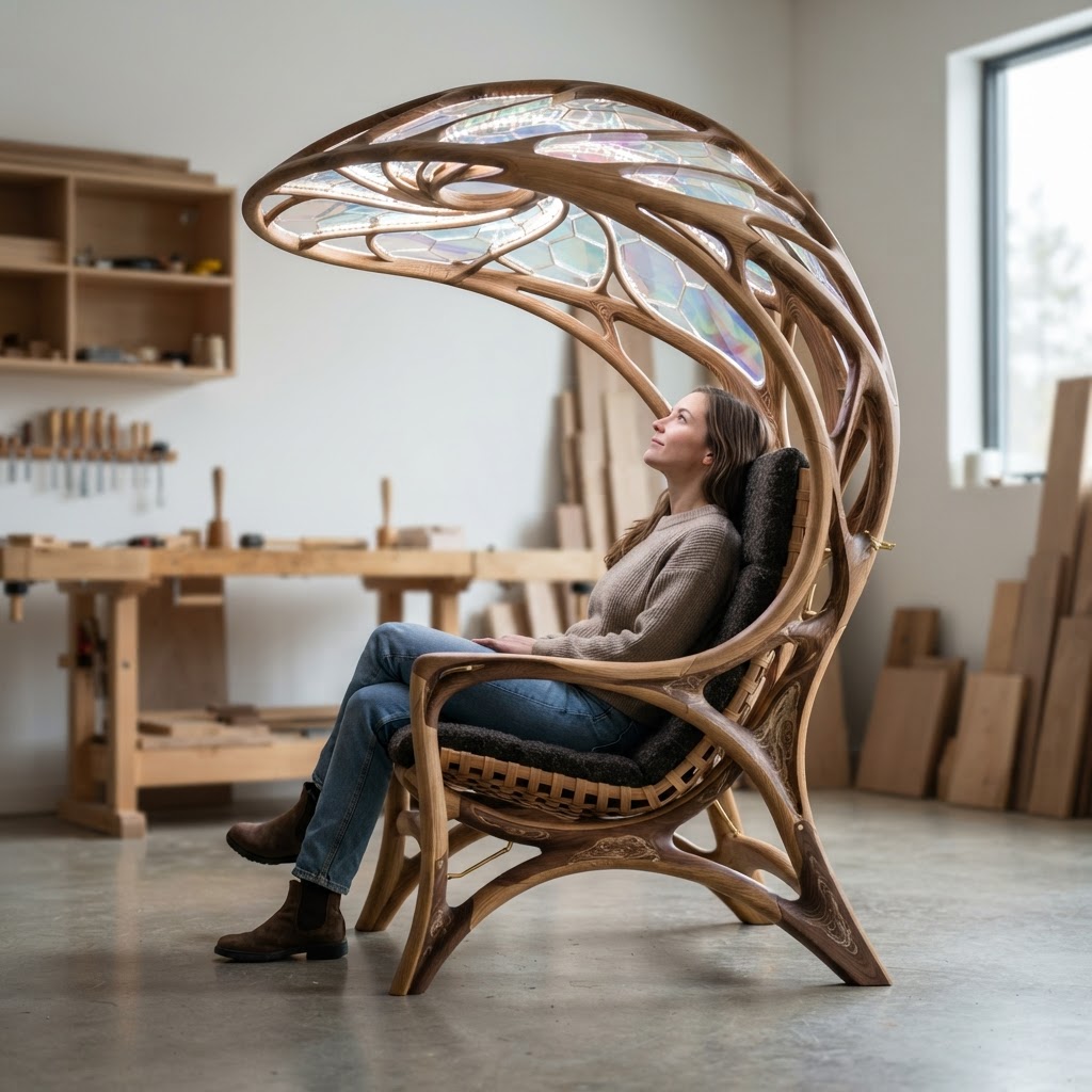 Bespoke Treetop Dendritic Mycelium-Infused Phyto-Diffractive Sap-Flow Canopy Heliotropic Observatory Chair