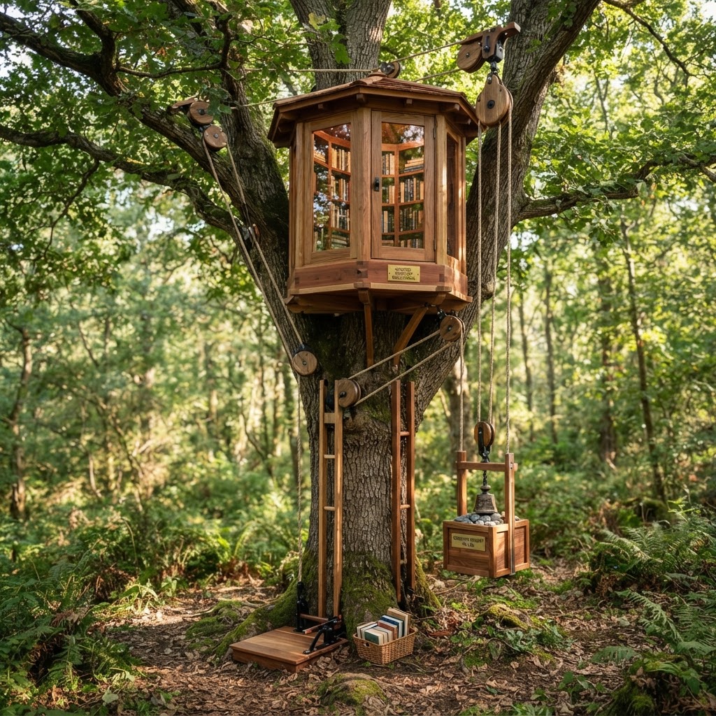 Kinetic Counter-Weighted Treetop Book-Nook Elevator